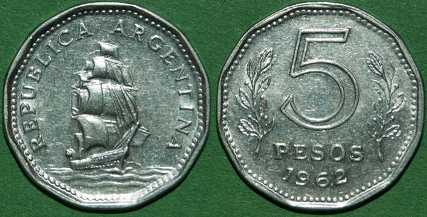 Image of an Argentina 1962 five pesos coin