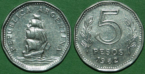 Image of an Argentina 1962 five pesos coin