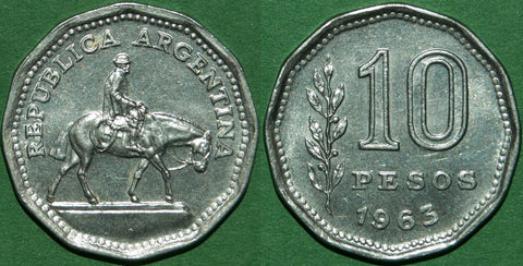 Image of an Argentina 1963 ten pesos coin