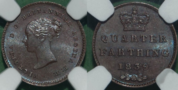 Image of an 1839 quarter farthing in a slab