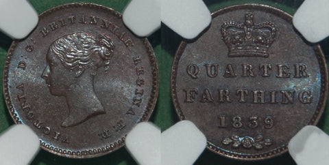 Image of an 1839 quarter farthing in a slab