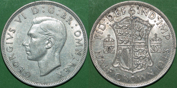 George VI 1943 halfcrown with light wear only. Extremely fine and the price is £10.