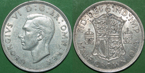 George VI 1943 halfcrown with light wear only. Extremely fine and the price is £10.