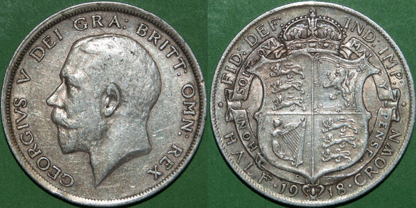 George V 1918 first coinage halfcrown, toned with only light wear. Grades good very fine and the price is £30.