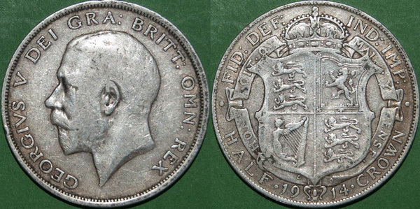 George V 1914 halfcrown, toned with wear to both sides and very fine. The price is £20.
