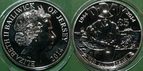 Image of a Jersey 2014 five pounds commemorating the D-Day landings coin.