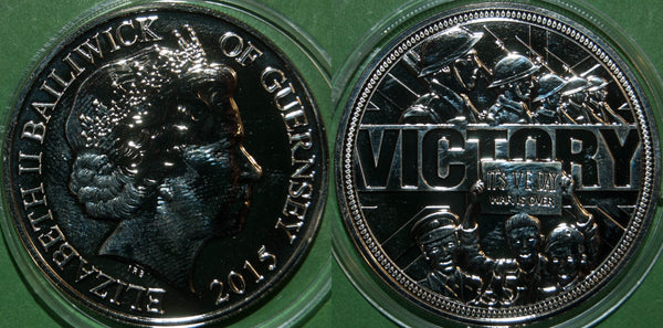 Image of a Guernsey 2015 five pounds commemorating VE Day coin