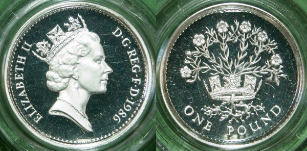 Image of a 1986 piedfort silver proof one pound coin.