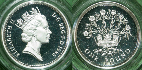 Image of a 1986 piedfort silver proof one pound coin.