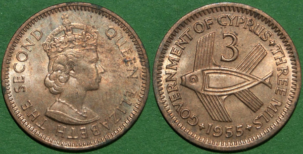 Image of a 1955 Cyprus three mils coin