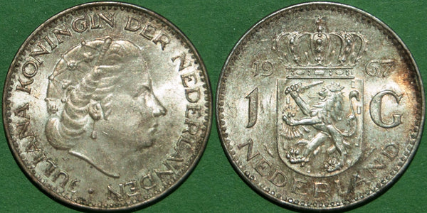 Image of a Netherlands 1967 silver one Gulden coin
