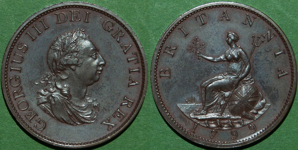 Image of a 1799 bronzed copper pattern halfpenny