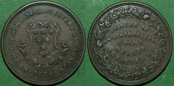 Image of an advertising token for the coin dealer William Till dated 1834