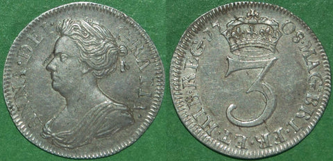 Queen Anne 1708 silver threepence coin