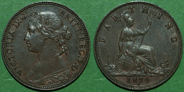 Victoria 1874H farthing struck at the Heaton mint