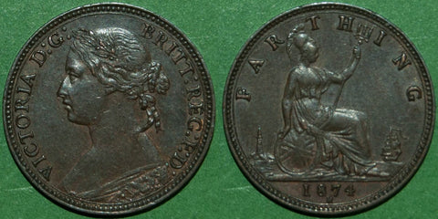 Victoria 1874H farthing struck at the Heaton mint
