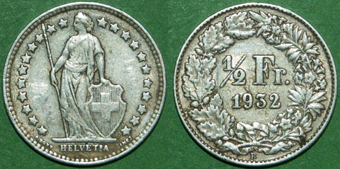 A Switzerland 1932 half franc coin