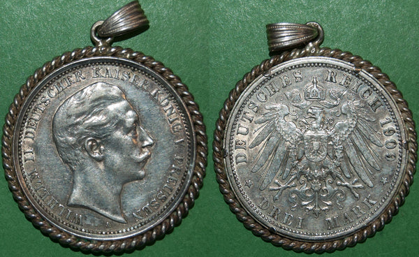 Prussian 1909 three marks coin in a mount