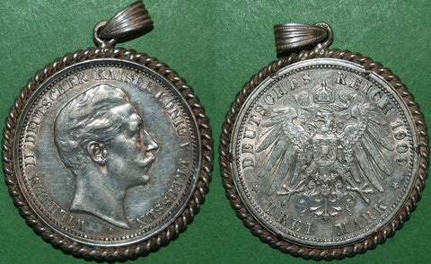Prussian 1909 three marks coin in a mount