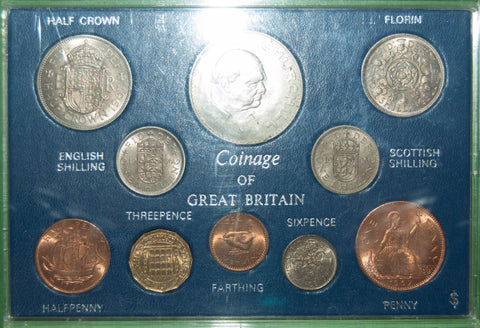 A type set of Elizabeth  the Second, second coinage British coin denominations from farthing to crown in a plastic case.