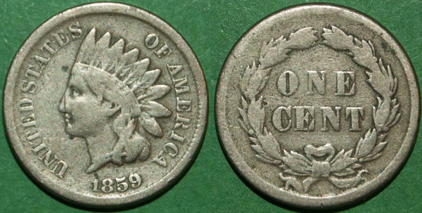 A US 1859 one cent with wreath reverse