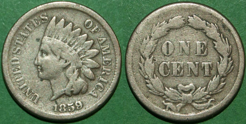 A US 1859 one cent with wreath reverse