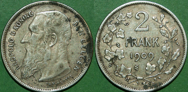 Belgium 1909 to frank silver coin