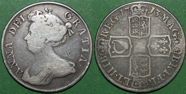 Anne 1713 halfcrown coin with plain angles on the reverse