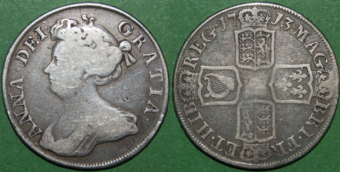 Anne 1713 halfcrown coin with plain angles on the reverse