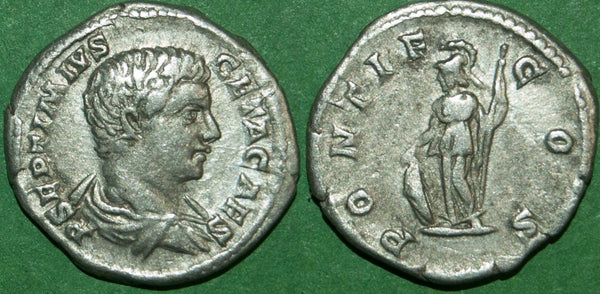 Geta denarius of Rome with Pontif Cos and Minerva standing reverse
