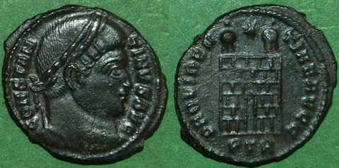Constantine the First follis of Trier with camp gate reverse