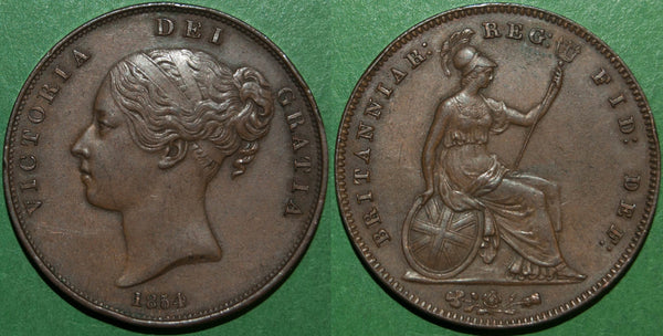 Victoria 1854 copper penny with plain trident reverse