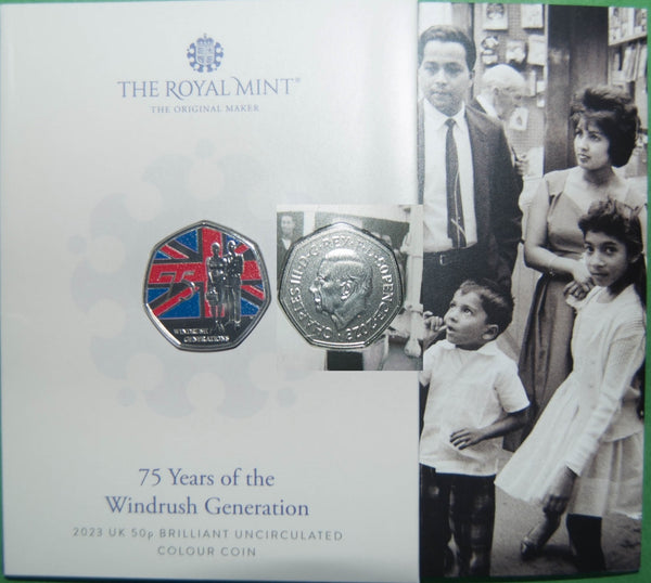 2023 brilliant uncirculated colour coin commemorating 75 years of the Windrush Generation.
