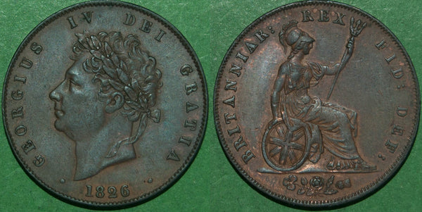 George the Fourth 1826 halfpenny with two incuse lines on the saltire.