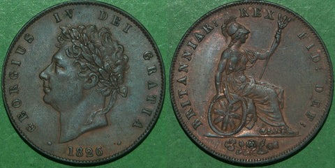 George the Fourth 1826 halfpenny with two incuse lines on the saltire.
