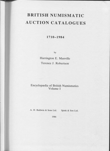 Book cover of 'British Numismatic Auction Catalogues 1710-1984' by Harrington E. Manville and Terence J. Robertson.