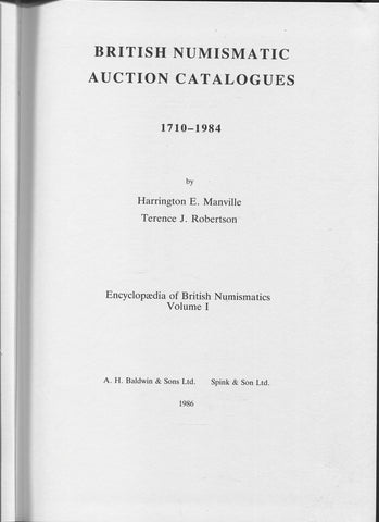 Book cover of 'British Numismatic Auction Catalogues 1710-1984' by Harrington E. Manville and Terence J. Robertson.