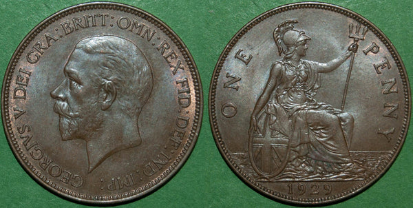 George the Fifth third issue 1929 bronze penny with small bare head bust and Britannia seated right reverse.