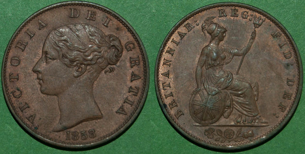 Victoria 1858 copper halfpenny coin with the last 8 struck over a 7 in high grade.