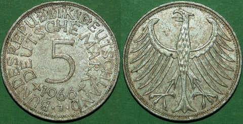 Germany 1966 Five Deutchmarks coin struck at the Hamburg mint