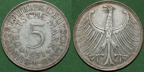 West Germany silver 5 Deutschmark coin dated 1951.