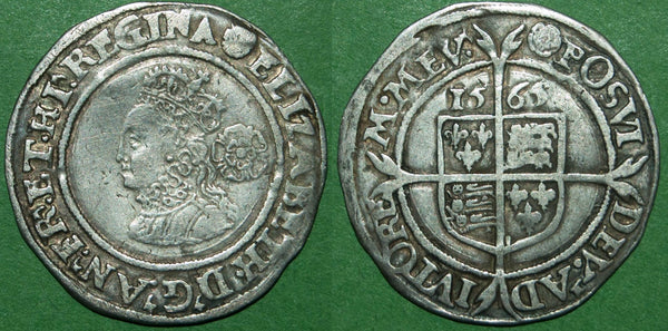 An Elizabeth the First sixpence dated 1565 with the Rose initial mark