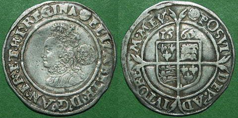 An Elizabeth the First sixpence dated 1565 with the Rose initial mark
