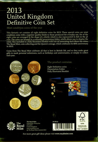 Back view of a 2013 United Kingdom Definitive Coin Set packaging with coins displayed.