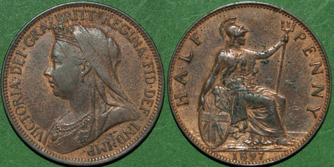 Image of a Victoria old head halfpenny coin.