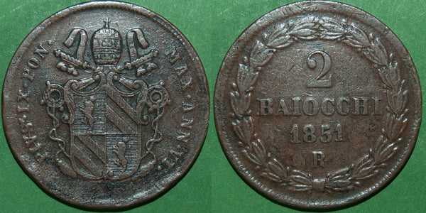 Image of an Italian Papal States 2 Baiocchi coin.