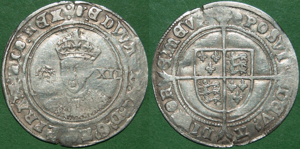 An Edward VI fine silver shilling struck at the Tower Mint 1551-3 with mintmark Tun.  Flat in parts with 2 small edge cracks, the reverse better. It weighs 5.58 grams. The obverse is fine and the reverse good fine. The price is £175.