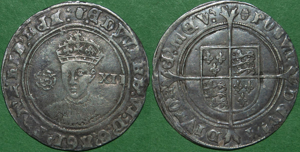 An Edward VI fine silver shilling struck at the Tower Mint 1551-3 with mintmark Tun. Toned with weakness on the face, the reverse considerably better. It weighs 5.98 grams. The obverse is good fine, the reverse very fine. The price is £450.