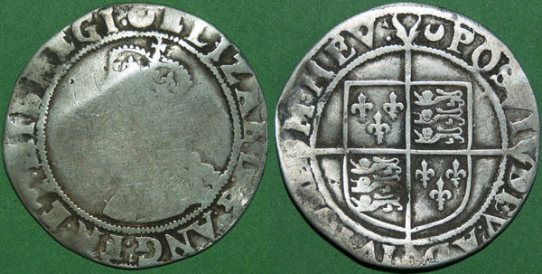 An Elizabeth I sixth issue shilling with mintmark Crescent with the obverse over scallop, this scarce. The portrait is flat and the reverse much better. The weight is 5.88 grams and the  obverse grade is near fine, the reverse Fine. The price is £75.