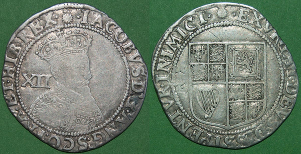 A James I first coinage, second bust shilling with mintmark thistle, dating it to 1603-4. The flan is slightly irregular and there is a small scratch above the shield. The weight is  5.73 grams and the grade is good fine. The price is £130.